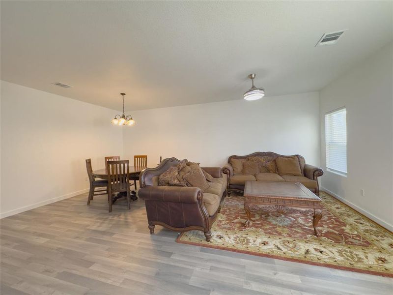 Open concept: Living / dinning area, ceiling fan