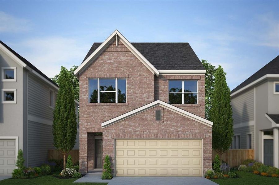This property features a two-story brick exterior with a dark shingle roof and a two-car garage This property features a two-story brick exterior with a dark shingle roof and a two-car garage