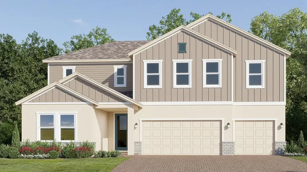 Front exterior of a new home in Bridgewalk, St. Cloud, FL, highlighting curb appeal (Image 1). Front exterior of a new home in Bridgewalk, St. Cloud, FL, highlighting curb appeal (Image 1).