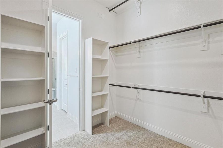 Walk in closet featuring light colored carpet