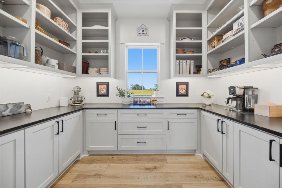 A large well-organized walk-in pantry features abundant open shelving, sleek black countertops, and a charming window framing pastoral views.