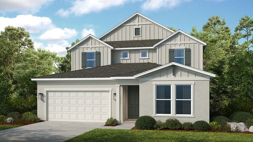 Representative exterior photo of a completed home built from the Tybee by Taylor Morrison in The Waters at Center Lake Ranch, St. Cloud, FL (Image 3). Representative exterior photo of a completed home built from the Tybee by Taylor Morrison in The Waters at Center Lake Ranch, St. Cloud, FL (Image 3).