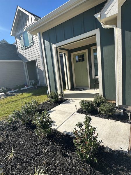 Doorway to property featuring board and batten siding, covered porch, and a yard
