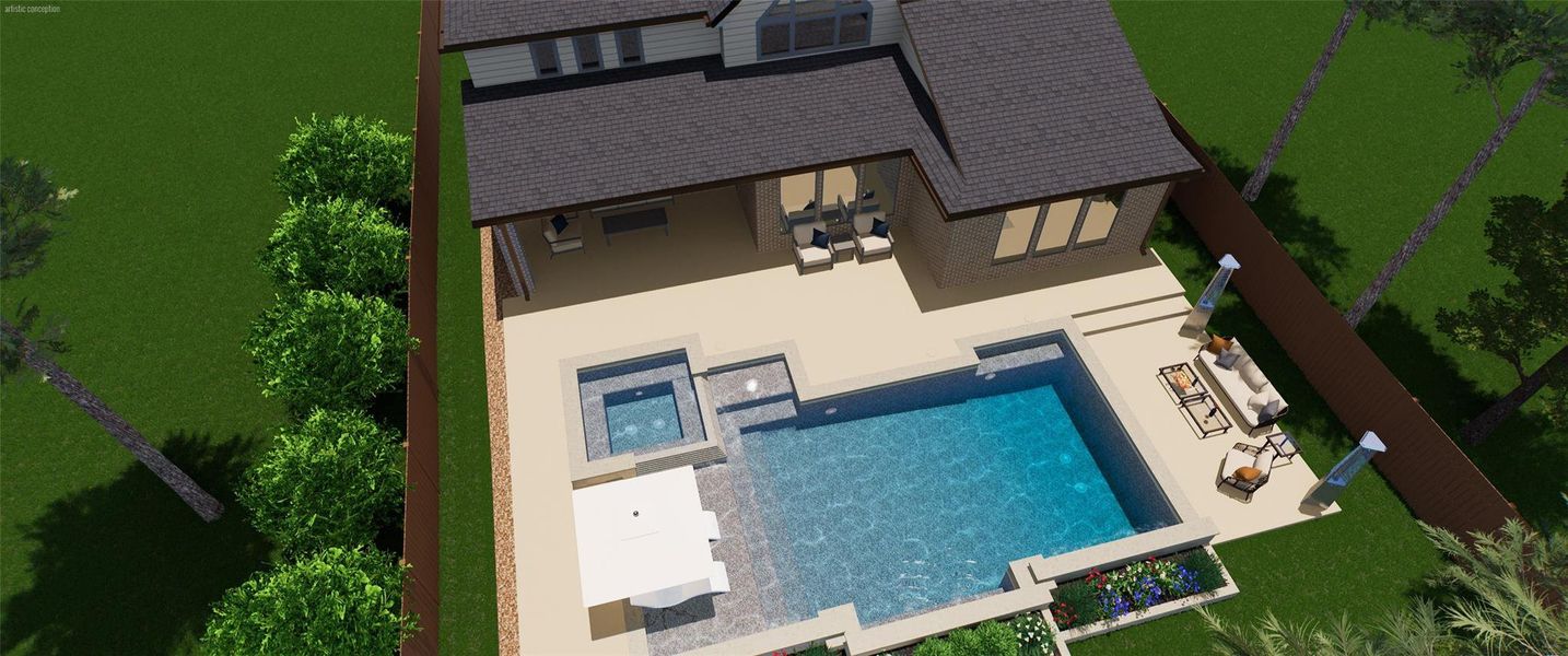 Another view of pool rendering to showcase the size and entertaining space. Another view of pool rendering to showcase the size and entertaining space.