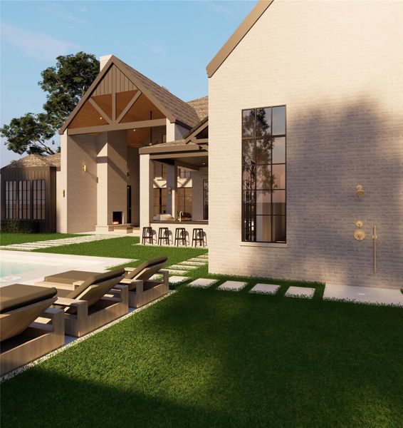 Effortlessly livable and beautifully composed, this outdoor space invites a slower pace. Lounge by the pool, gather under the covered patio, or enjoy the simplicity of the open lawn—each area designed with intention and flow.