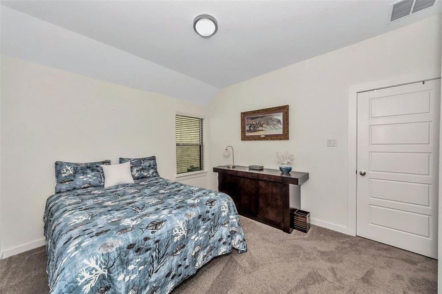 Carpeted bedroom with lofted ceiling