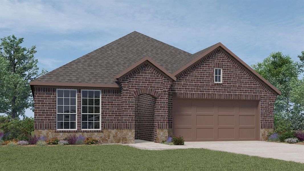 Traditional single-story residence featuring a dark brick exterior with stone accents Traditional single-story residence featuring a dark brick exterior with stone accents