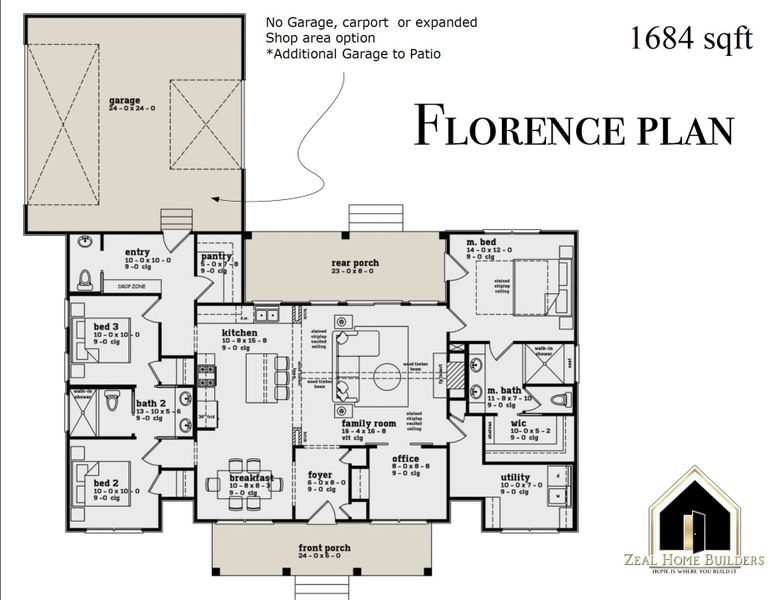 2D floor plan layout for the Florence 1 by Zeal Home Builders in Horizon Meadow Estates, Paradise, TX (Image 3).