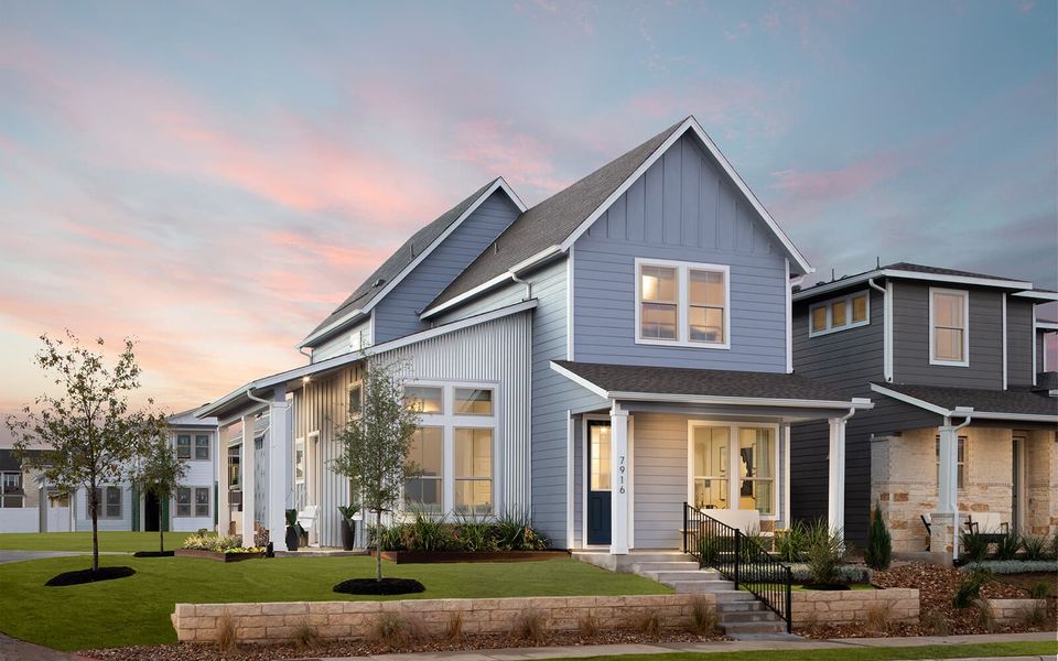 Front exterior of a new home in Easton Park, Austin, TX, highlighting curb appeal (Image 1). Front exterior of a new home in Easton Park, Austin, TX, highlighting curb appeal (Image 1).