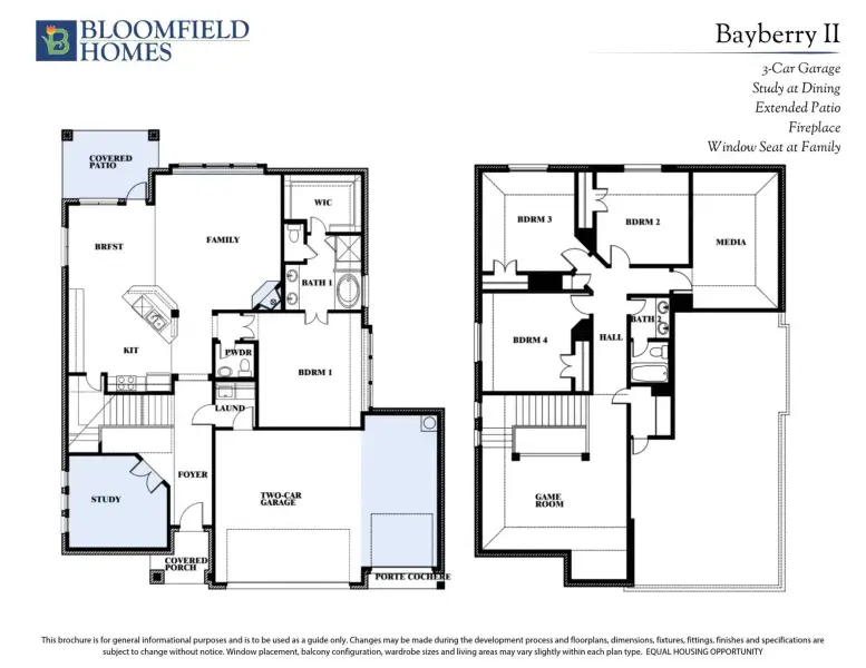 Bloomfield Homes Bayberry II two-story floor plan with 4 bedrooms, 3-car garage, game room, and covered patio.