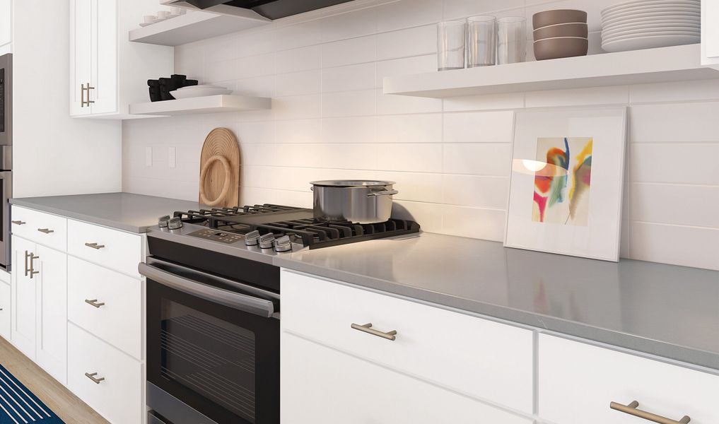 Subway tile backsplash and floating shelves