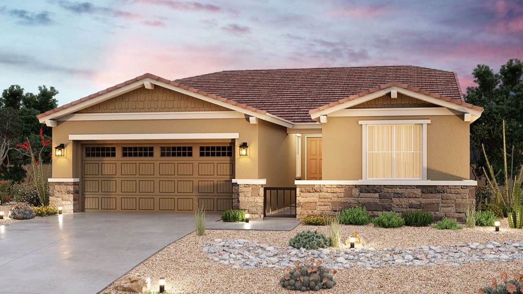 Representative exterior photo of a completed home built from the Castellano by Brightland Homes in The Lakes at Rancho El Dorado, Maricopa, AZ (Image 5). Representative exterior photo of a completed home built from the Castellano by Brightland Homes in The Lakes at Rancho El Dorado, Maricopa, AZ (Image 5).