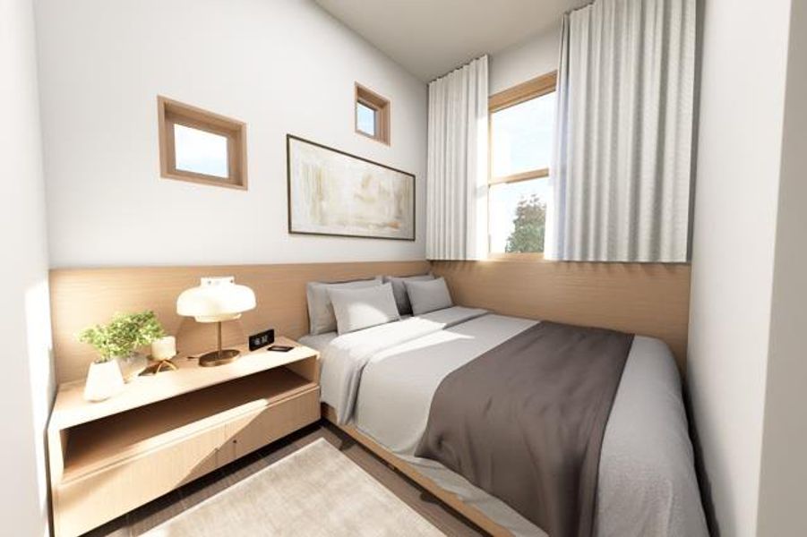 Cozy, light-filled bedroom featuring modern finishes, large windows, and a warm neutral palette, perfect for a restful retreat.