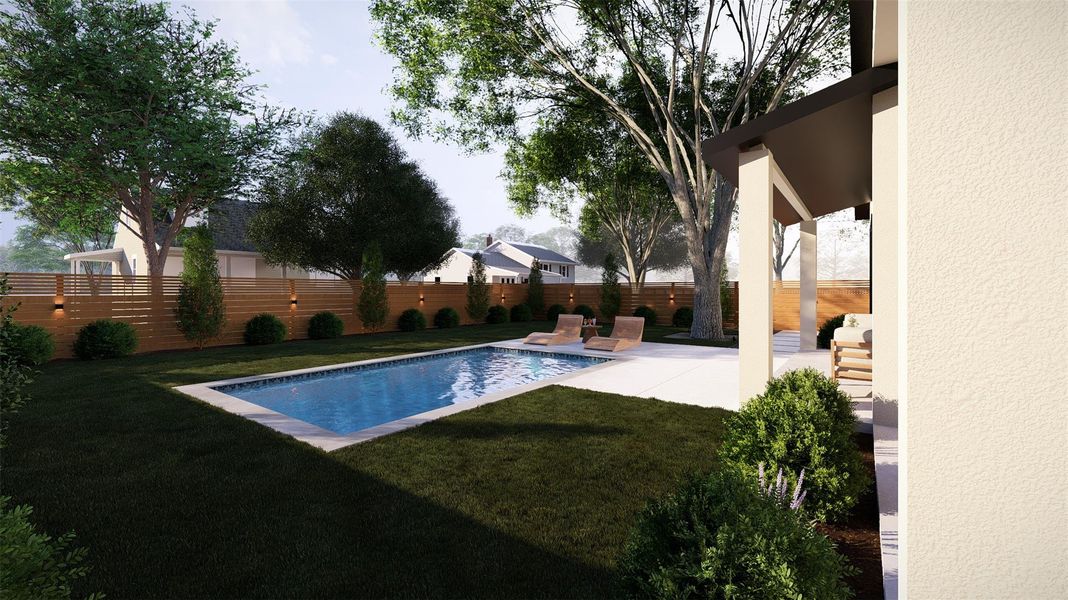 A tranquil backyard oasis features a glistening inground pool, surrounded by lush green lawn and mature trees, creating a private retreat.
