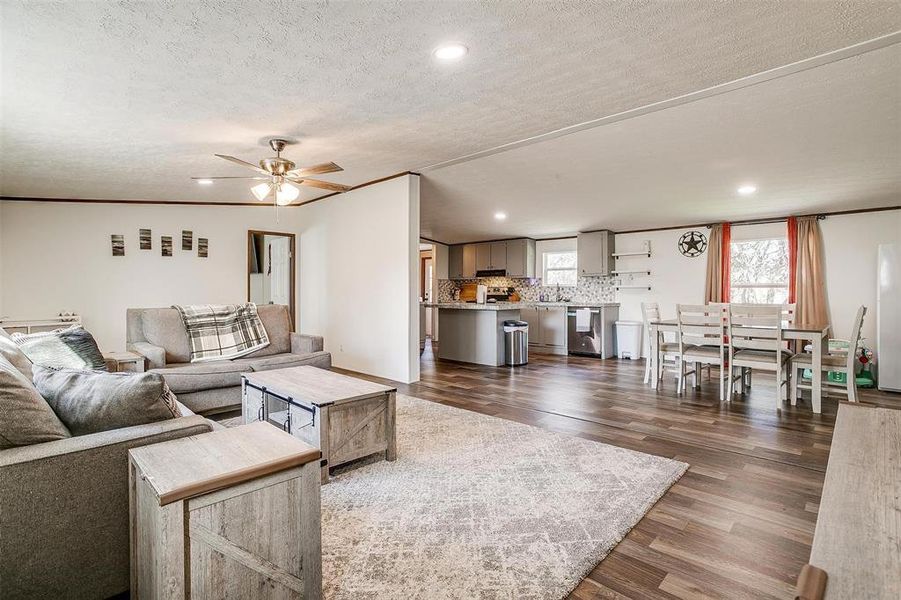 Living room featuring ceiling fan, dark wood-type flooring, a textured ceiling, and sink