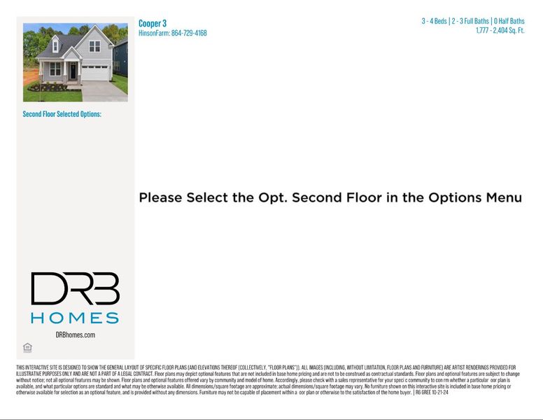 2D floor plan layout for the Cooper 3 by DRB Homes in Hinson Farm, Fountain Inn, SC (Image 4).