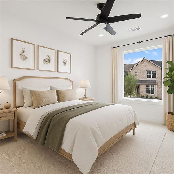 Bedroom featuring light carpet, recessed lighting, and a ceiling fan