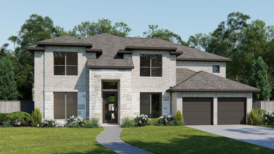 Front exterior of a new home in Meridiana 70', Manvel, TX, highlighting curb appeal (Image 1).
