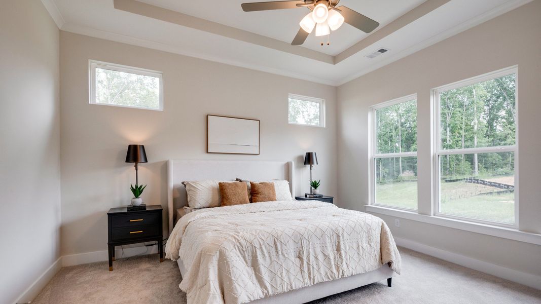 Primary bedroom with trey ceilings and sizeable windows connected to bathroom and walk-in closet