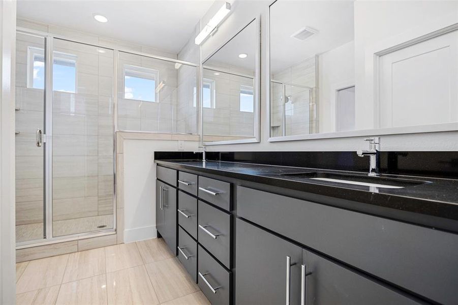 Bathroom with recessed lighting, a sink, visible vents, a shower stall, and double vanity