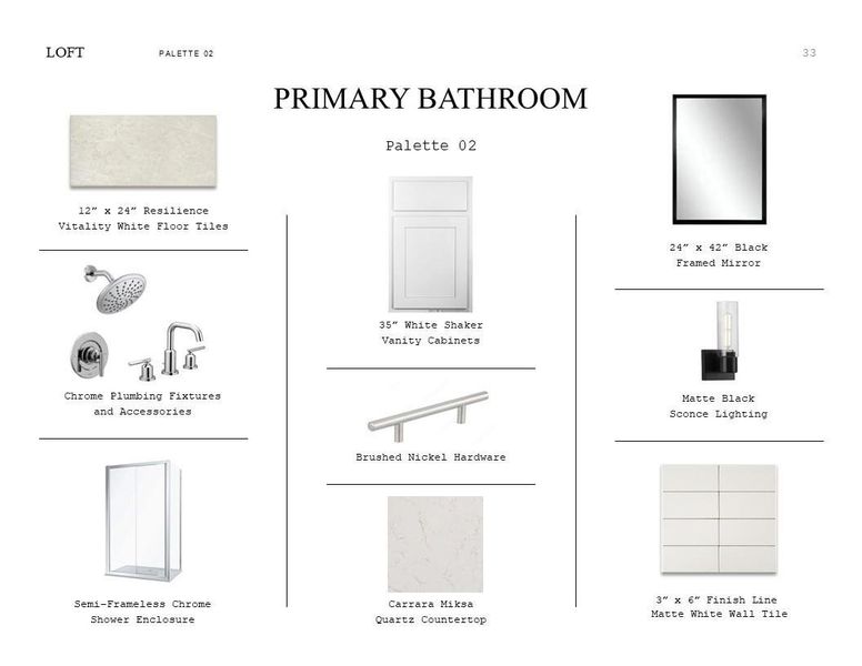 Loft Look Palette 2: Primary Bathroom Selection Sheet (*Artist rendering used for illustration purposes only.) Loft Look Palette 2: Primary Bathroom Selection Sheet (*Artist rendering used for illustration purposes only.)