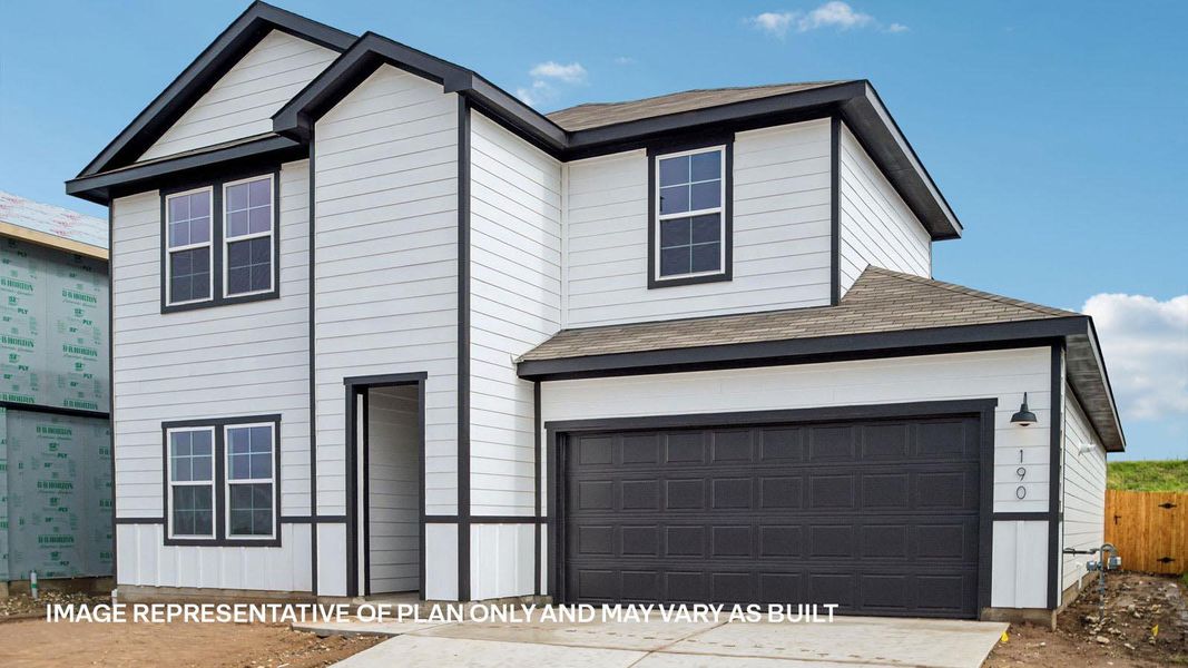 Front exterior of a new home in Prairie Lakes, Buda, TX, highlighting curb appeal (Image 16).