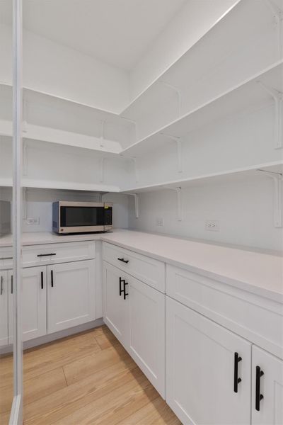 Functional pantry space provides ample storage with open shelving and lower cabinetry, perfect for organization.