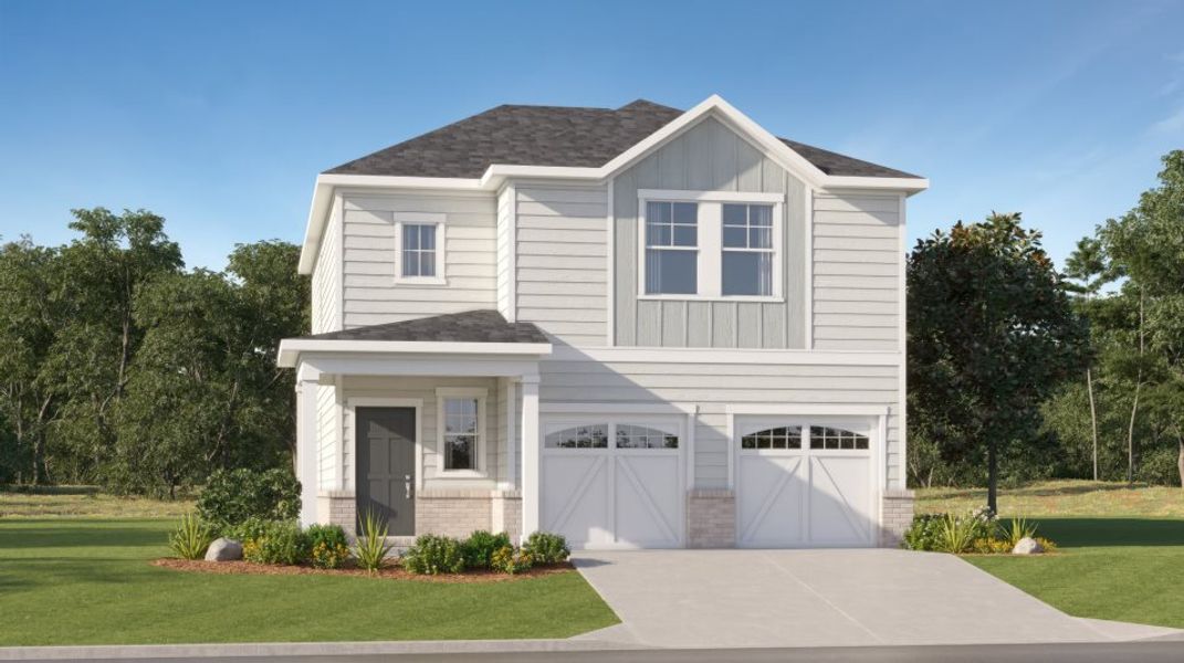 Front exterior of a new home in Millers Pointe, Conyers, GA, highlighting curb appeal (Image 1). Front exterior of a new home in Millers Pointe, Conyers, GA, highlighting curb appeal (Image 1).