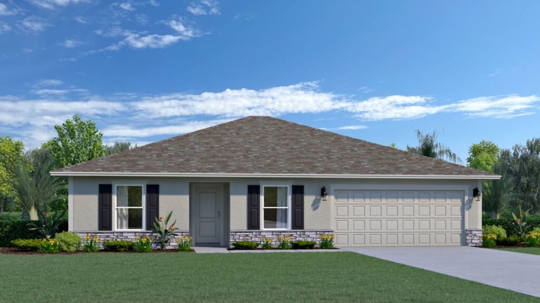 Representative exterior photo of a completed home built from the Oakleaf by Holiday Builders in Cape Coral, Cape Coral, FL (Image 2). Representative exterior photo of a completed home built from the Oakleaf by Holiday Builders in Cape Coral, Cape Coral, FL (Image 2).