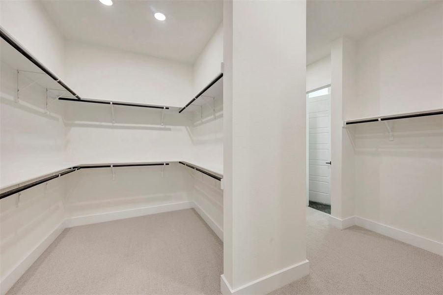 Owners Walk in closet featuring light carpet
