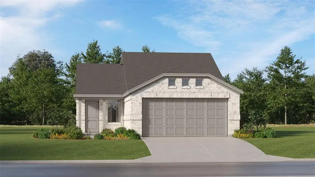 Light brick exterior with a dark shingle roof Light brick exterior with a dark shingle roof