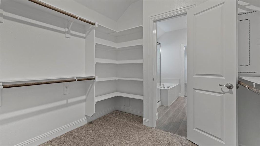 Spacious closet featuring light carpet and lofted ceiling