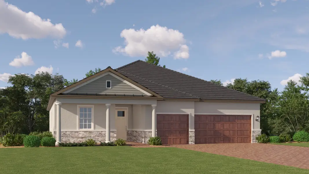 Front exterior of a new home in Angeline Active Adult, Land O' Lakes, FL, highlighting curb appeal (Image 1). Front exterior of a new home in Angeline Active Adult, Land O' Lakes, FL, highlighting curb appeal (Image 1).