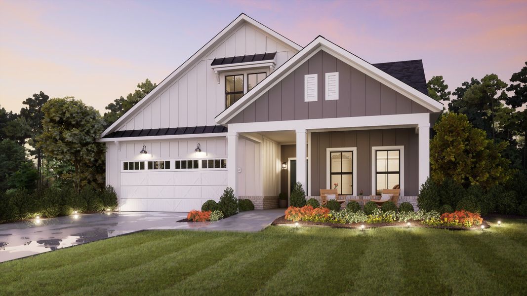 Representative exterior photo of a completed home built from the Portico by Epcon Communities in The Courtyards at Redbud Lane, Holly Springs, GA (Image 22). Representative exterior photo of a completed home built from the Portico by Epcon Communities in The Courtyards at Redbud Lane, Holly Springs, GA (Image 22).
