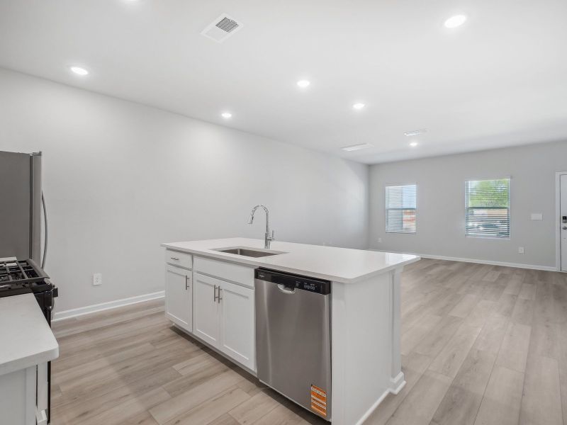 A sizeable kitchen island overlooks the sprawling great room.