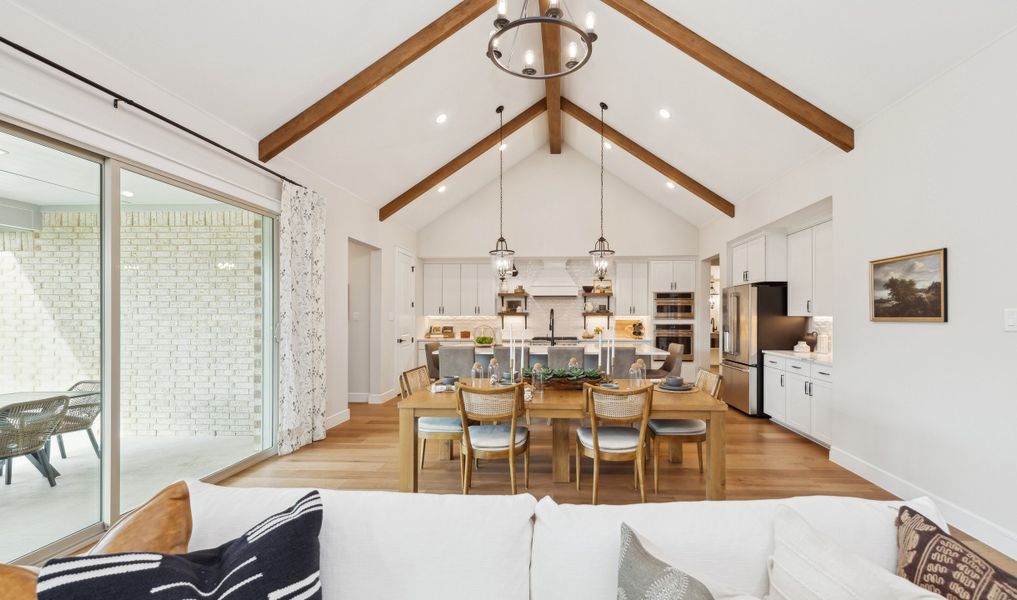 Vaulted ceiling in great room and dining area