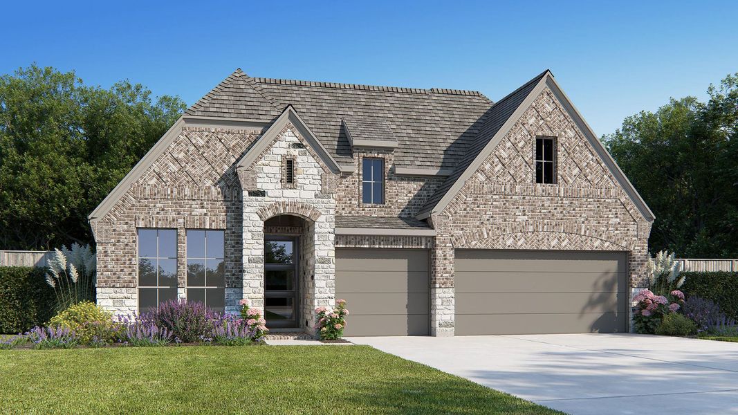 Front exterior of a new home in Meridiana 60', Manvel, TX, highlighting curb appeal (Image 1).