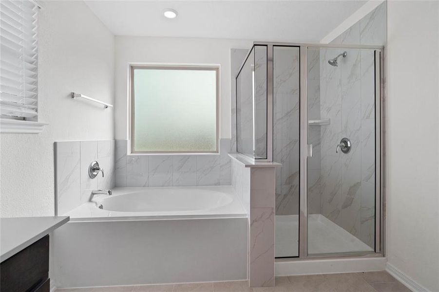 This additional view of the primary bath showcases the walk-in shower with tile surround and a separate garden tub perfect for soaking after a long day.