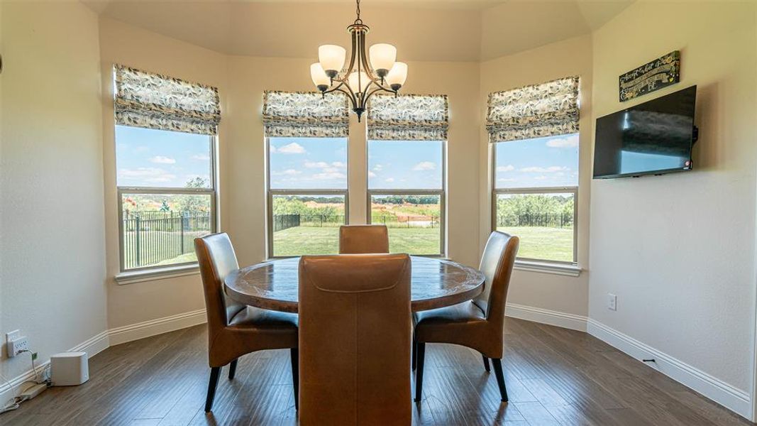 Dining area featuring a bay window with multiple panes, wood-finish flooring, and a mounted television