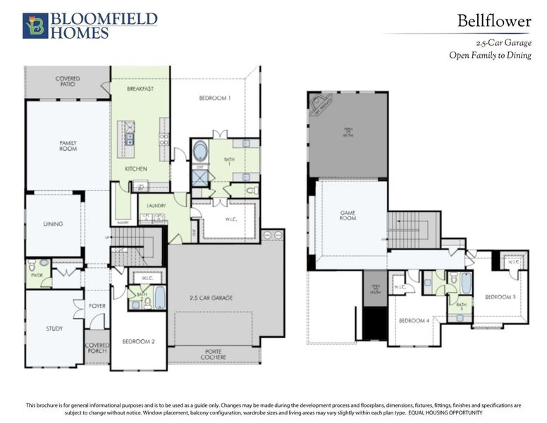 Bloomfield Homes Bellflower floor plan showing two-story layout with four bedrooms, game room, 2.5-car garage, and porte cochere.