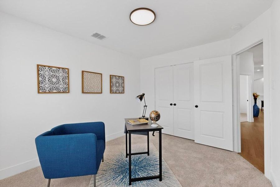 Office with light carpet and baseboards Office with light carpet and baseboards