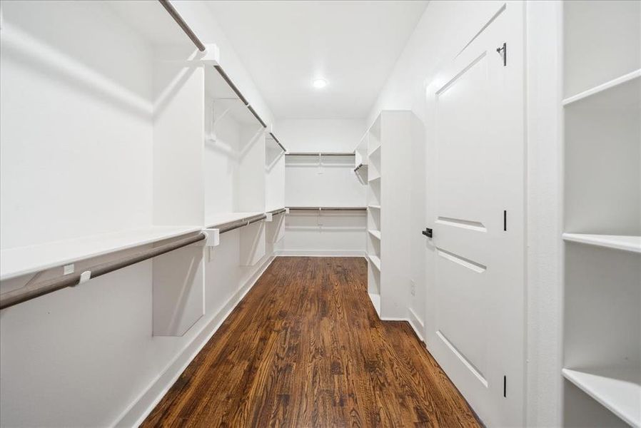 Spacious closet with dark wood-type flooring