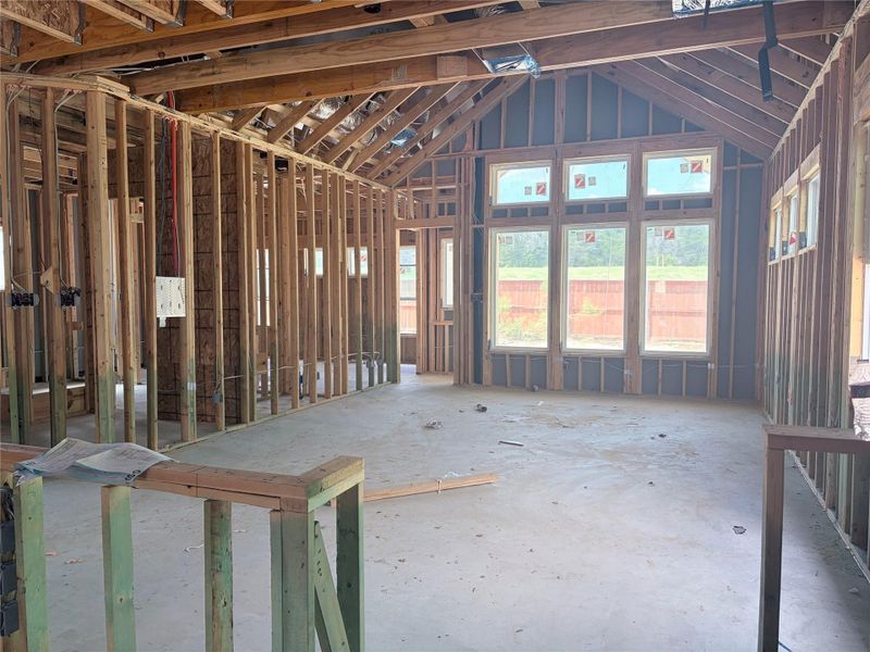 A spacious layout takes shape beneath soaring vaulted ceilings during the framing stage of construction. A spacious layout takes shape beneath soaring vaulted ceilings during the framing stage of construction.