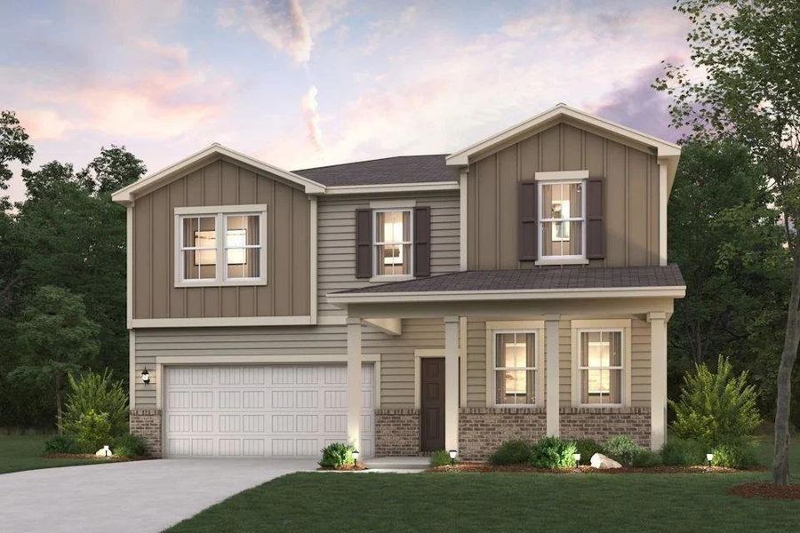 Front exterior of a new home in Hawthorne Reserve, Dallas, GA, highlighting curb appeal (Image 1). Front exterior of a new home in Hawthorne Reserve, Dallas, GA, highlighting curb appeal (Image 1).