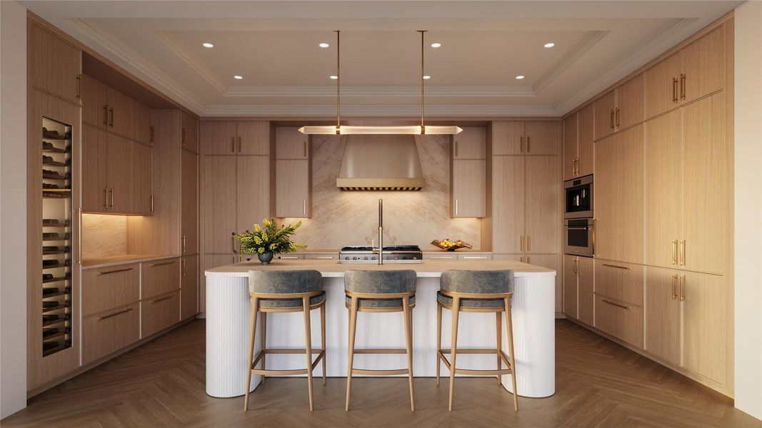 Thoughtfully designed, the kitchen features custom cabinetry available in a selection of three refined color palettes, complemented by soft-close functionality throughout. Illuminated drawers with built-in dividers provide exceptional organization and effortless functionality. A discreet paneled door leads to a secondary pantry and fully equipped catering kitchen, complete with an additional dishwasher, refrigerator, sink, stove, and ice machine—ideal for seamless entertaining and everyday convenience.