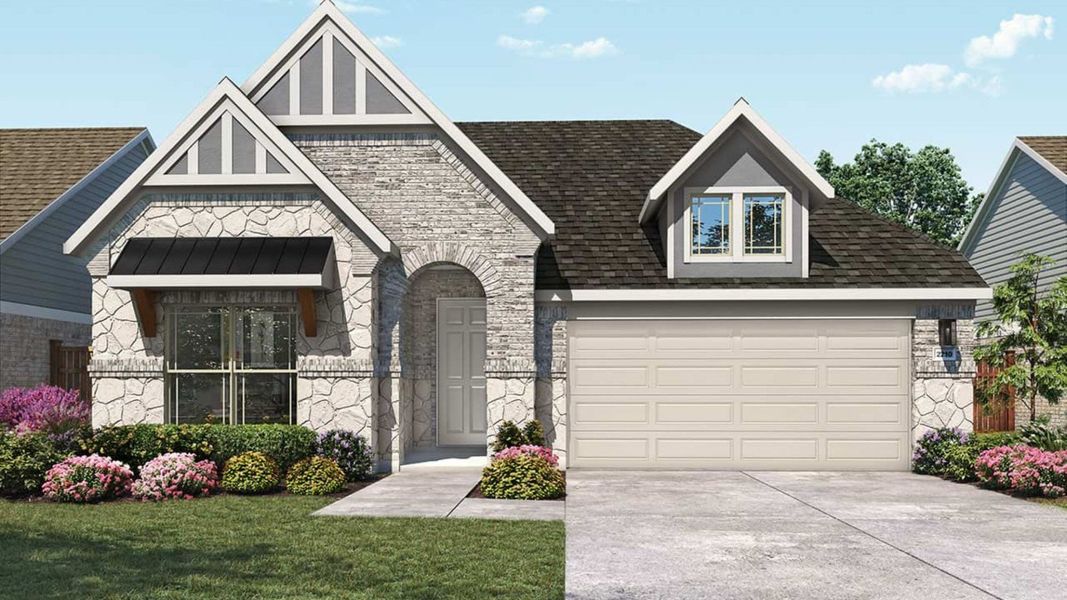 Representative exterior photo of a completed home built from the Oleander by DRB Homes in Meyer Ranch – Premier, New Braunfels, TX (Image 4). Representative exterior photo of a completed home built from the Oleander by DRB Homes in Meyer Ranch – Premier, New Braunfels, TX (Image 4).