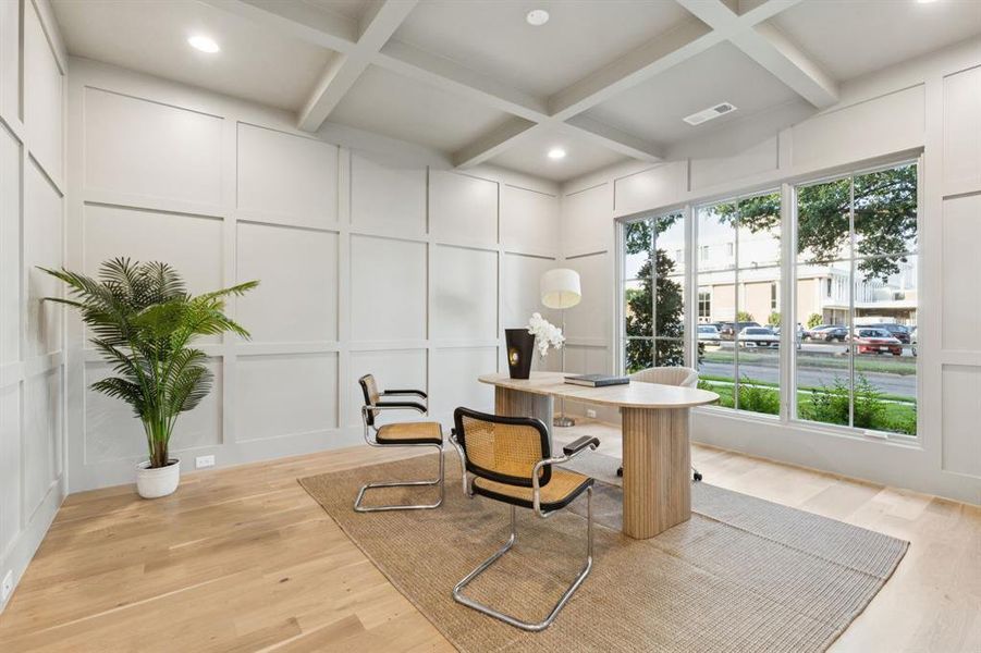 Office space featuring a decorative wall, recessed lighting, wood finished floors, beamed ceiling, and coffered ceiling