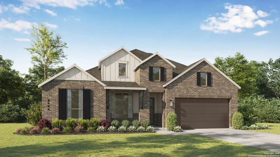 Front exterior of a new home in Mont Blanc, Schertz, TX, highlighting curb appeal (Image 1).