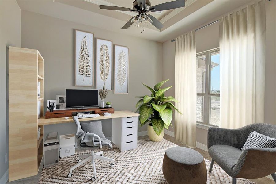 Home office with a raised ceiling and ceiling fan