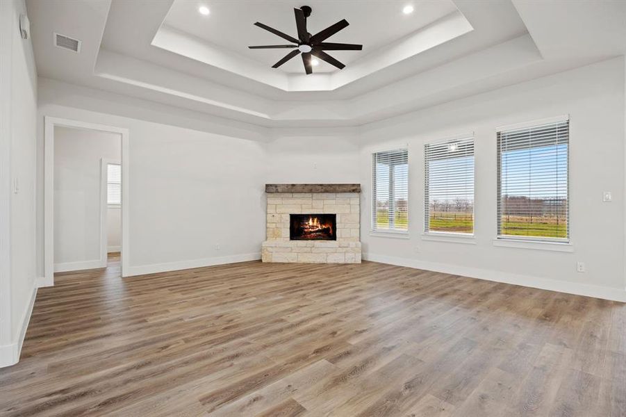 Unfurnished living room with a raised ceiling, a wealth of natural light, and light wood-style floors